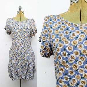 Vintage 90s Sunflowers Print Mini Dress Floral Rayon Sundress Large